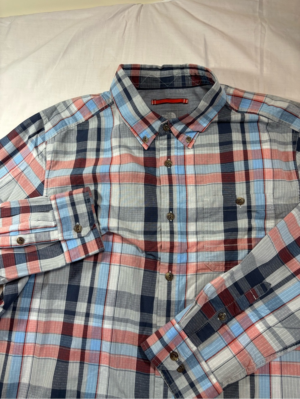 The North Face Men's Plaid Button-Down Shirt in Light Blue, Navy and Coral